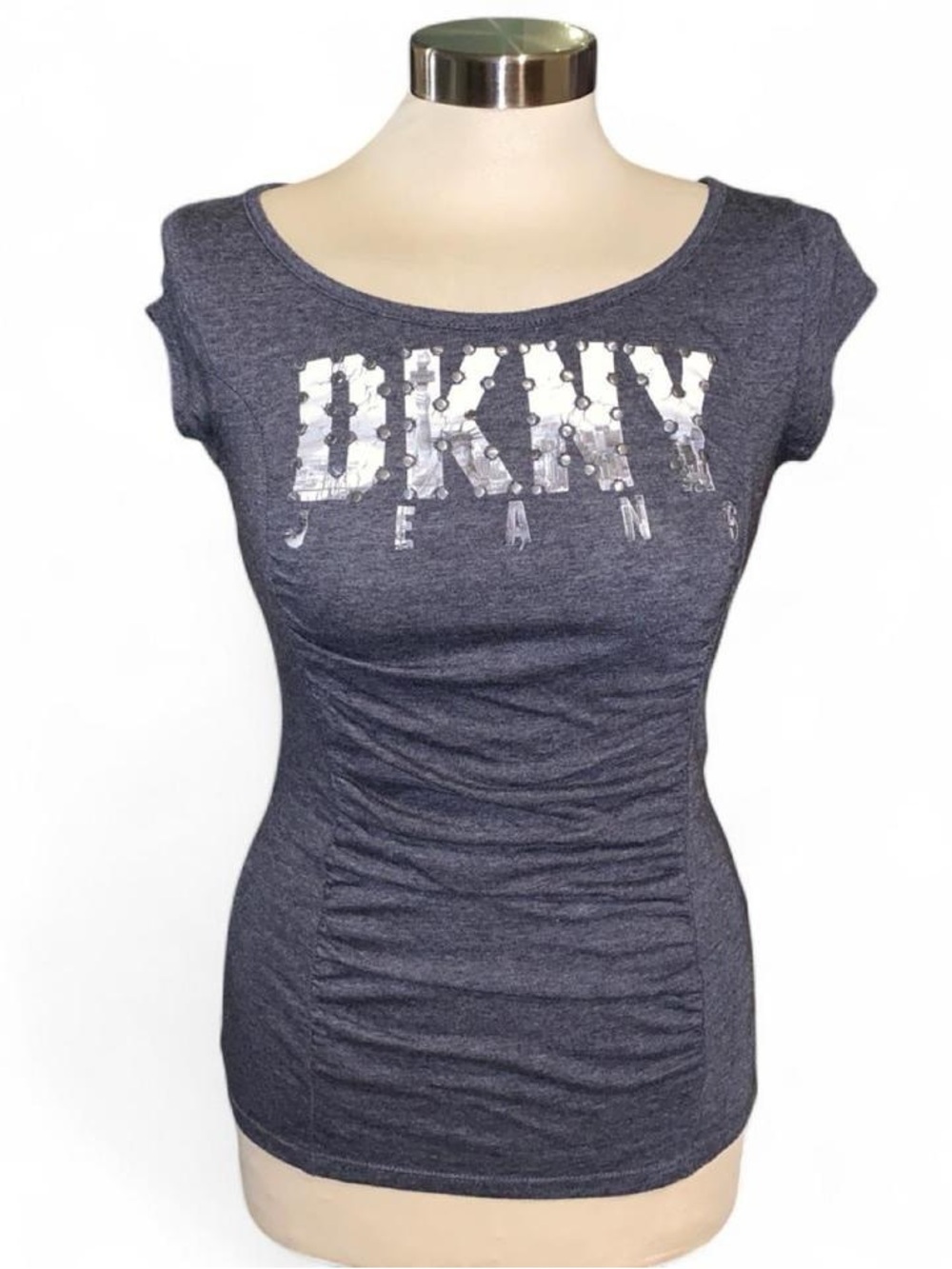 DKNY Women's Top With Cinch Detail and Studs On Graphic